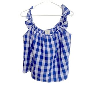 JOIE Blue and White Buffalo Plaid Boxy Tank Top with Ruffle Straps